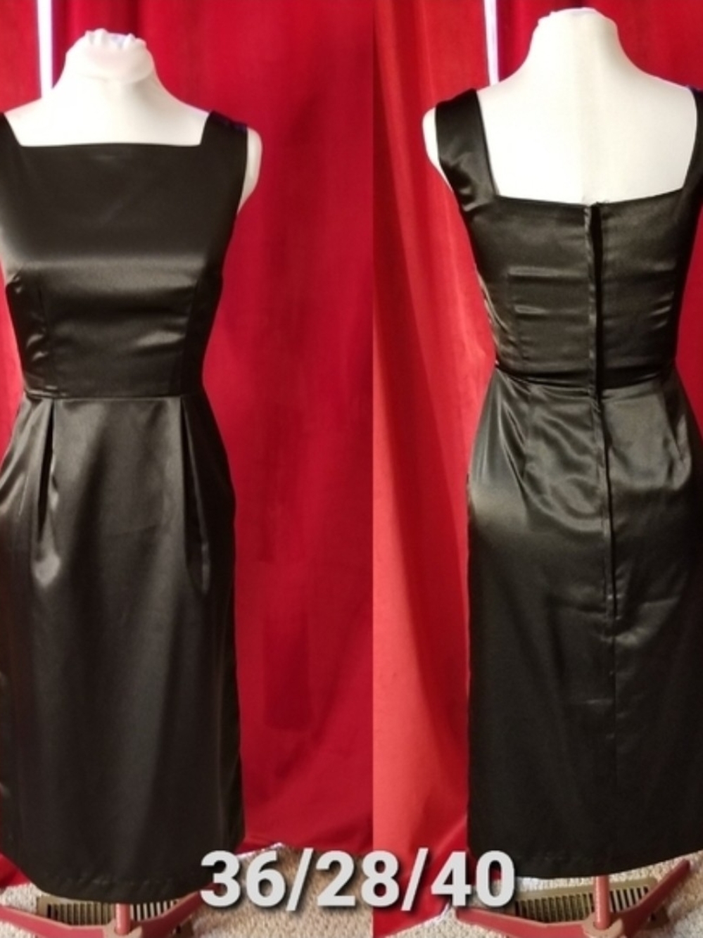 Homemade Classic Black Satin Sheath Dress - Sleeveless Square Neck